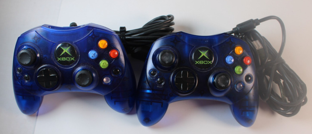 Lot Of 2 OEM Microsoft Original Xbox S Controllers Translucent Blue W/ cables